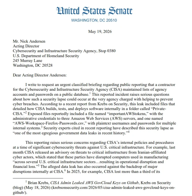 Security Crisis at CISA: Congressional Leaders Demand Answers After Contractor Exposes Sensitive Agency Credentials